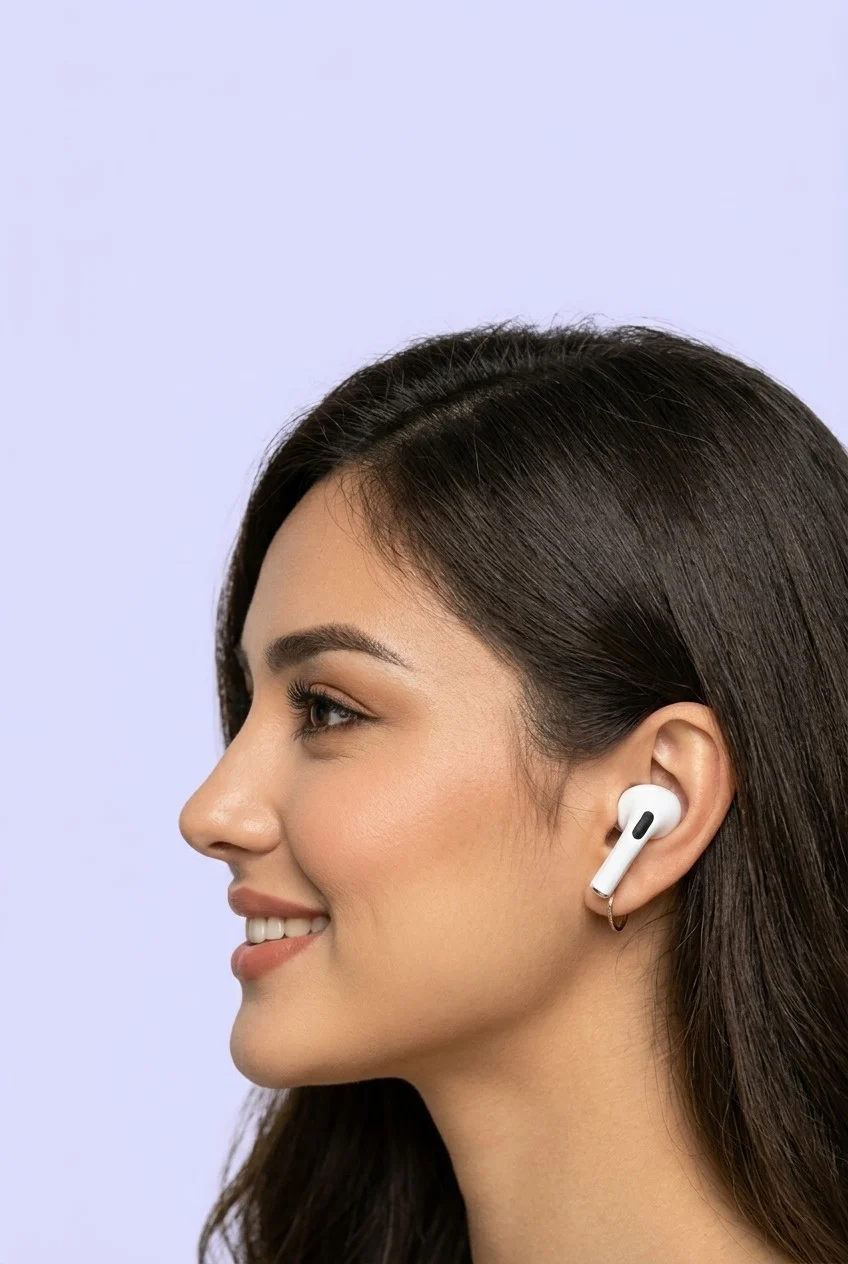 Девушка в наушниках Pods 4 Air